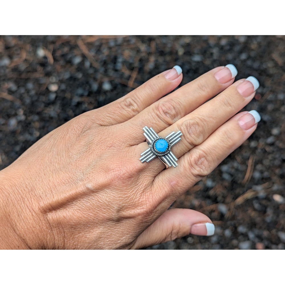 Navajo Zia Ring Turquoise Handmade Native American Jewelry Silver Band Sz 8.5US* - Picture 6 of 9